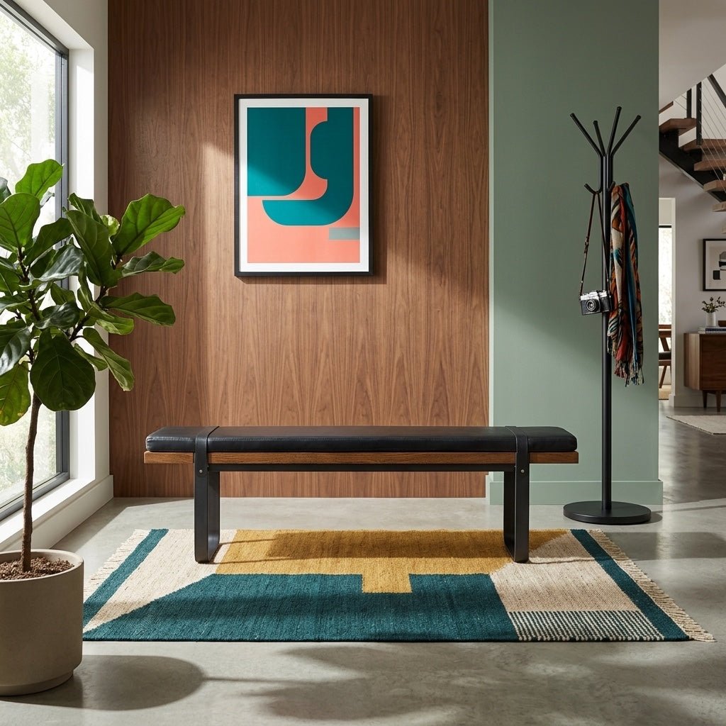 Brooklyn Upholstered Bench styled in a bright Portland mid-century modern entryway - Whats New Furniture