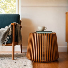 Bungalow Side Table in Honey Brown styled in Portland Mt. Tabor mid-century daylight ranch living room - Whats New Furniture