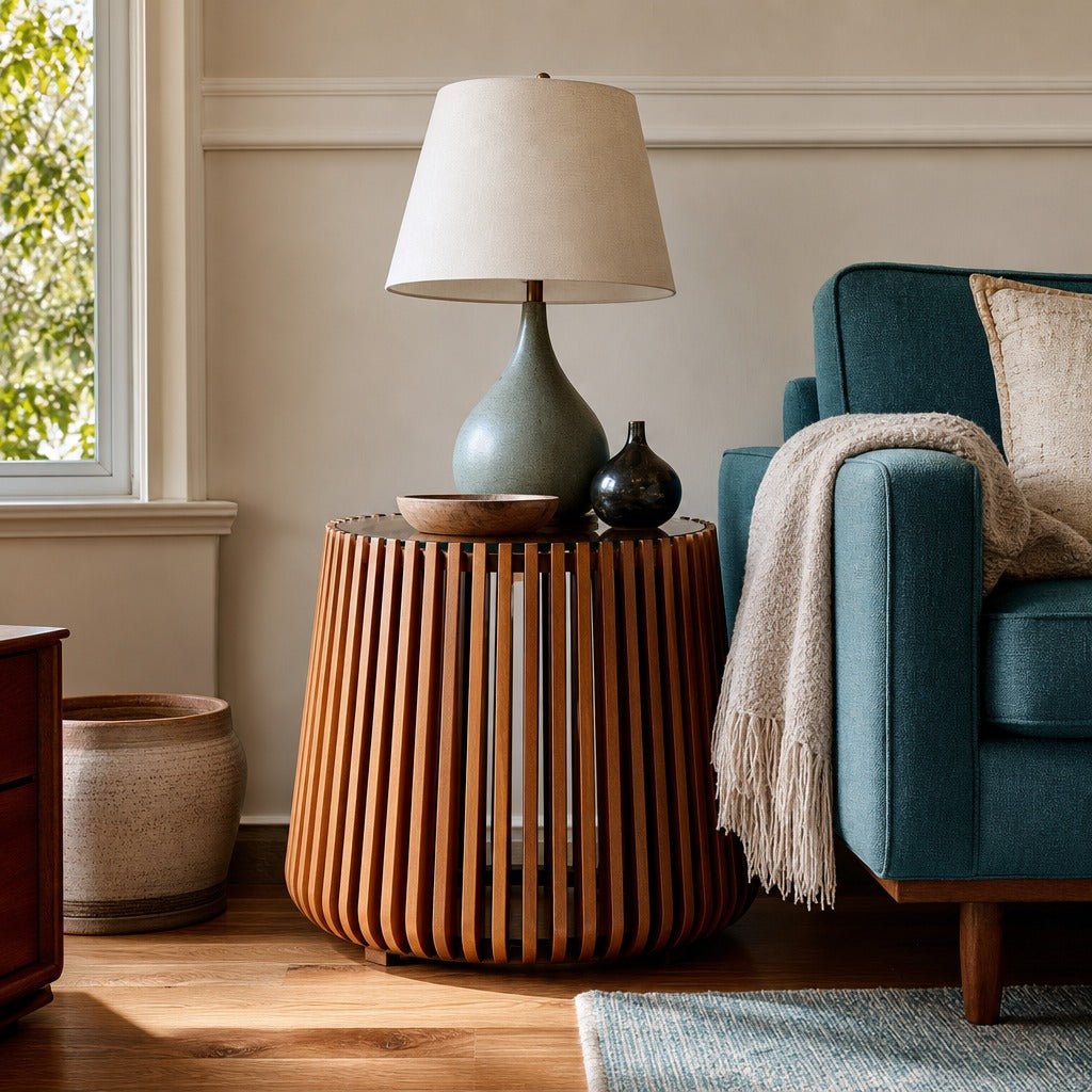 Bungalow Side Table in Honey Brown styled in Portland Mt. Tabor mid-century daylight ranch living room - Whats New Furniture