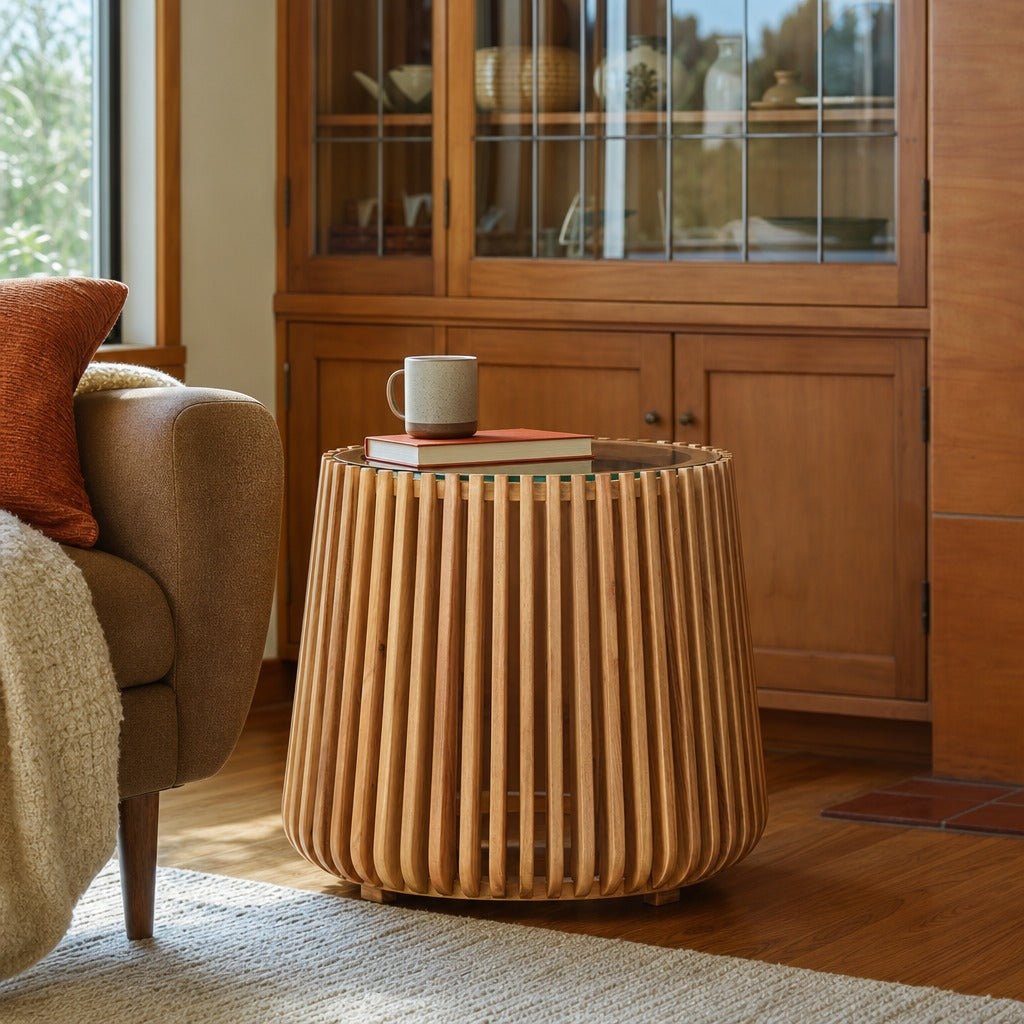 Bungalow Side Table in Natural styled in Portland 1960s Garden Home ranch living room - Whats New Furniture