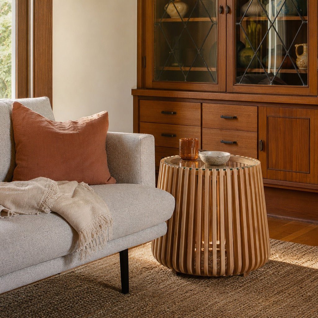 Bungalow Side Table in Natural styled in Portland 1960s Garden Home ranch living room - Whats New Furniture