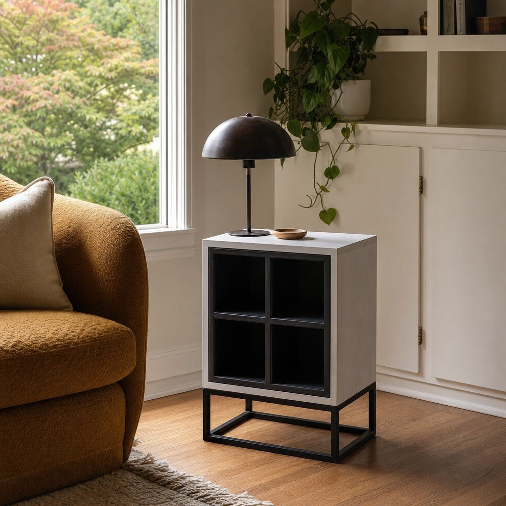 Caged Side Table styled in Portland Irvington foursquare with original built-ins living room - Whats New Furniture