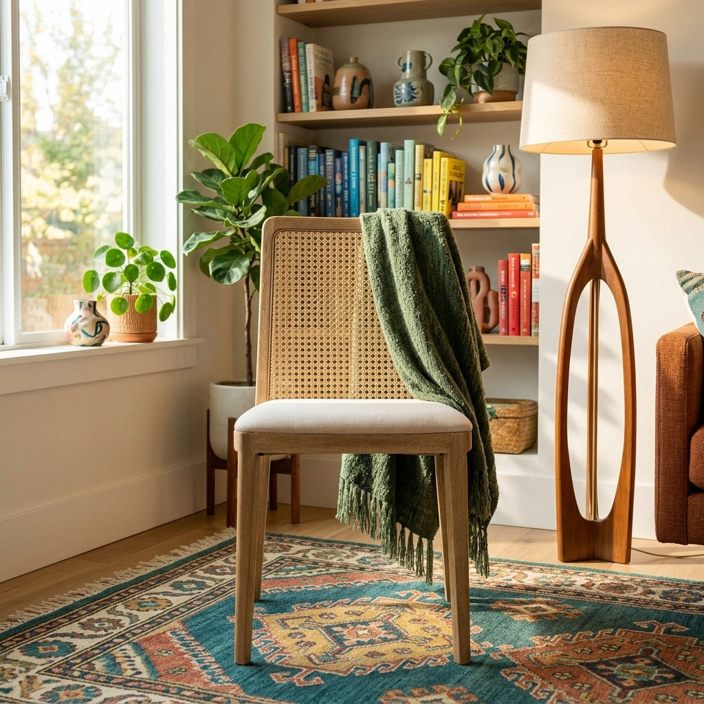 Cane Dining Chair in Oyster Linen styled in a bright Portland room - Whats New Furniture