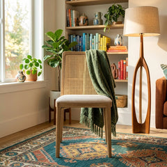 Cane Dining Chair in Oyster Linen styled in a bright Portland room - Whats New Furniture
