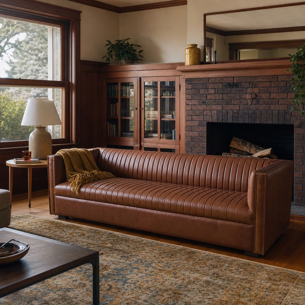 Channel Sofa in Camel Brown styled in Portland Irvington foursquare with original built-ins living room - Whats New Furniture