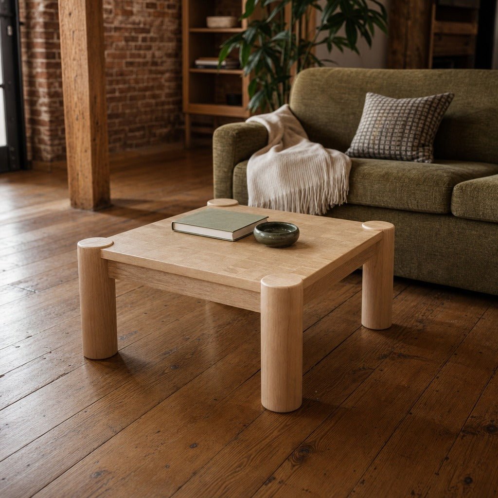 Checkerboard Coffee Table styled in Portland converted warehouse flat with warm exposed brick and fir timber beams (no steel, no concrete) living room - Whats New Furniture