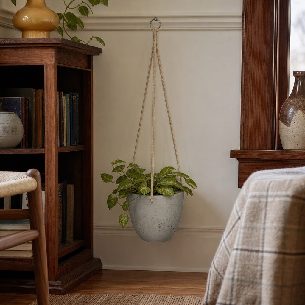 Classic Hanging Pot Medium in Cement Grey styled in Portland Irvington foursquare with original built-ins living room - Whats New Furniture