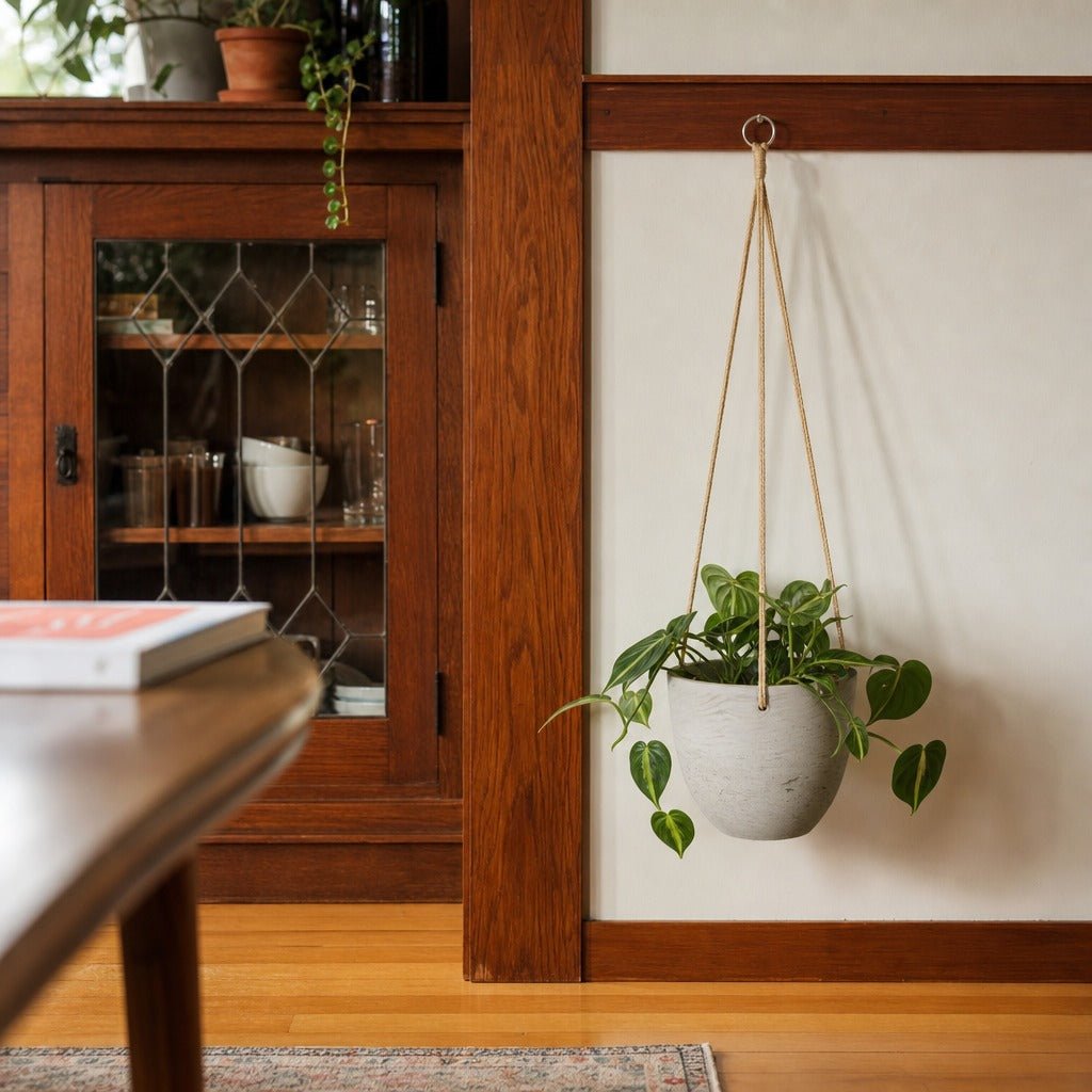 Classic Hanging Pot Small in Cement Grey styled in Portland Mt. Tabor mid-century daylight ranch living room - Whats New Furniture