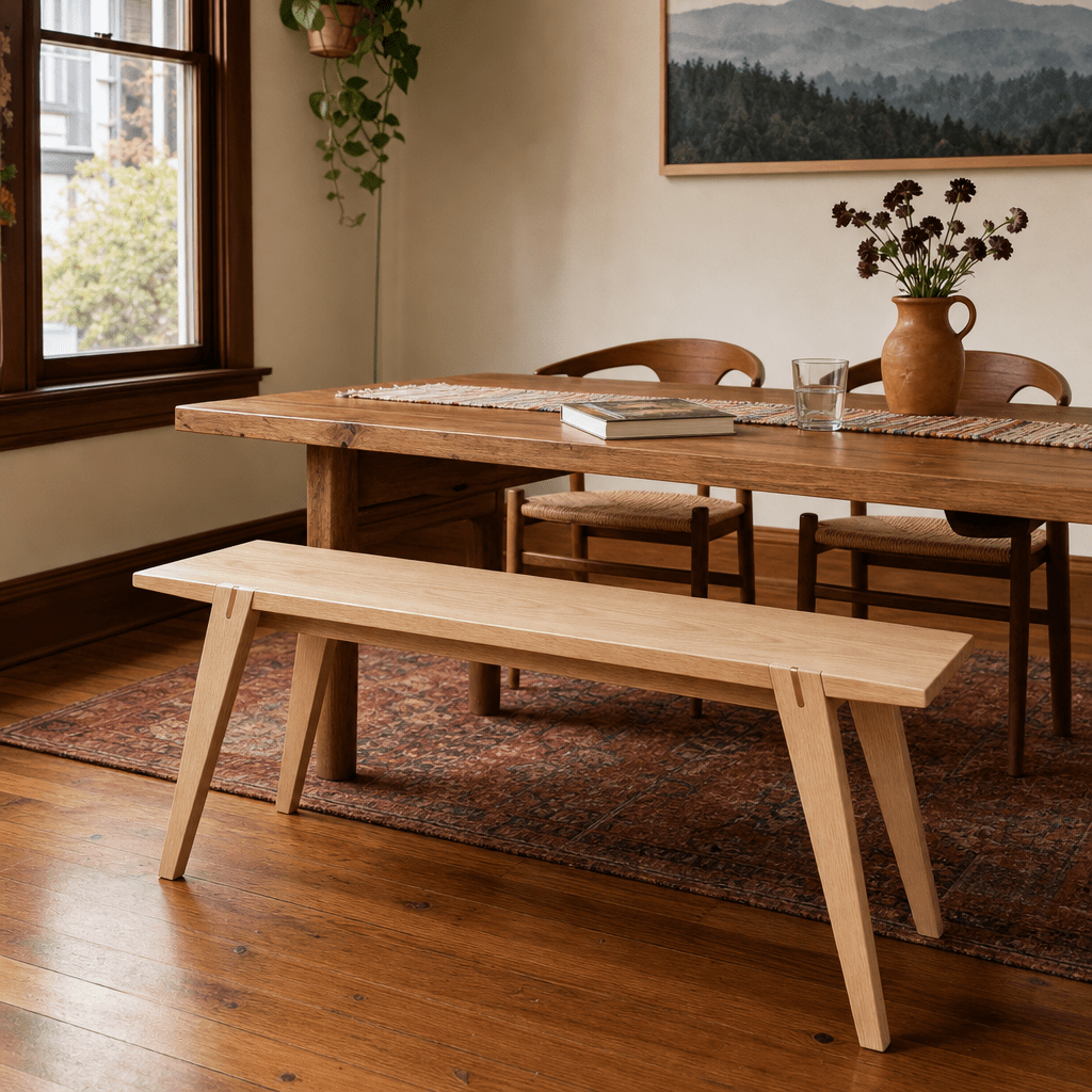 Colton Dining Bench in natural oak styled in a Portland mid-century modern dining room - Whats New Furniture