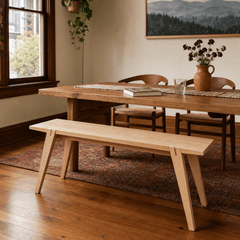 Colton Dining Bench in natural oak styled in a Portland mid-century modern dining room - Whats New Furniture