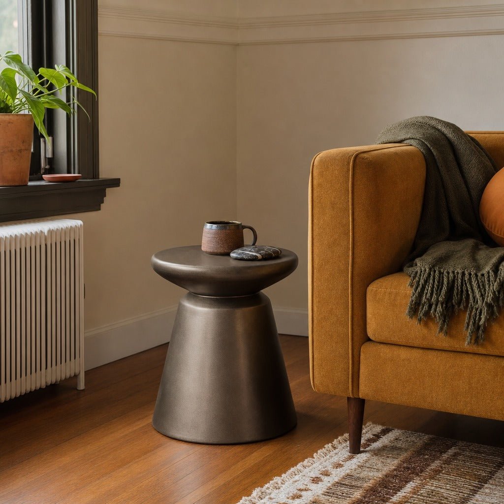Concrete Mineral Side Table in Bronze styled in Portland St. Johns bungalow living room - Whats New Furniture