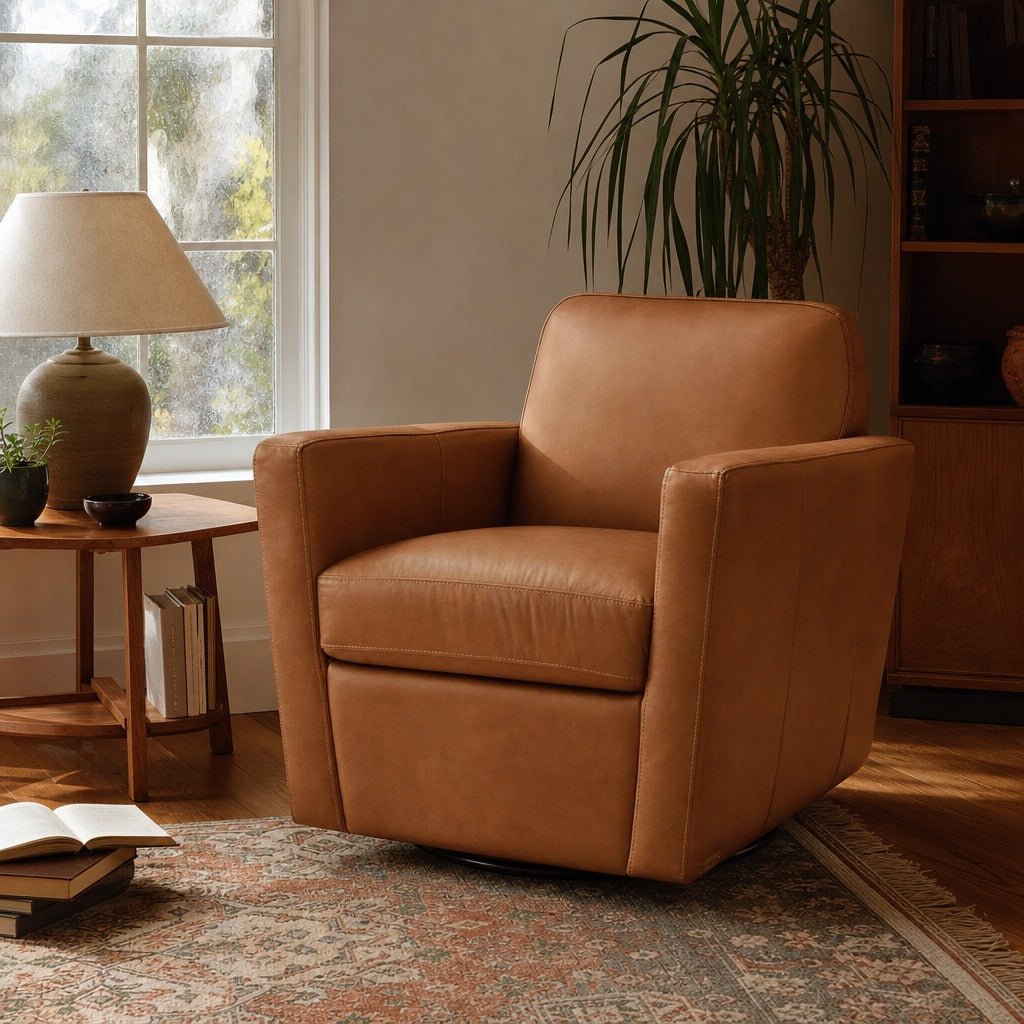 Cooper Swivel Club Chair in Cognac styled in Portland Montavillcottage living room - Whats New Furniture