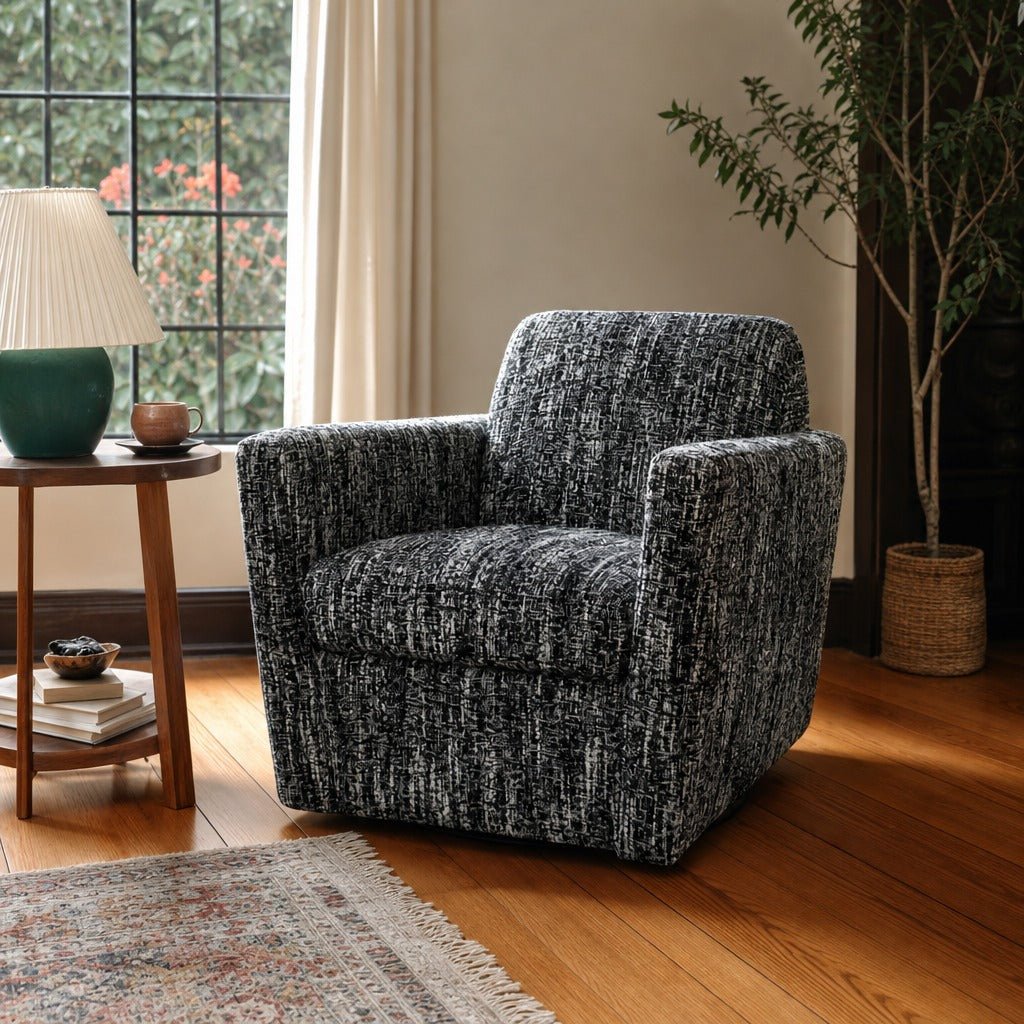 Cooper Swivel Club Chair in Chanel Black styled in Portland Laurelhurst Tudor cottage living room - Whats New Furniture