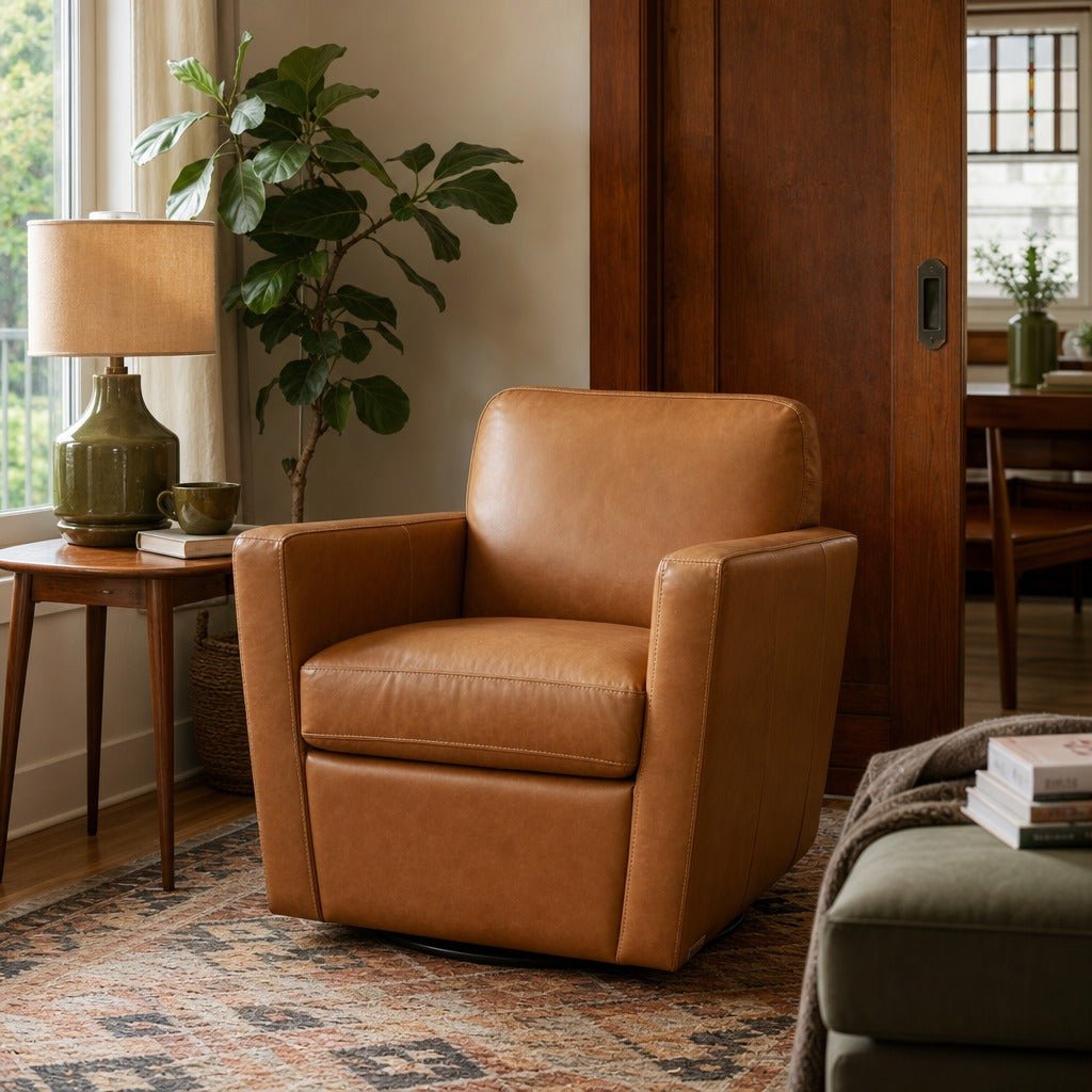 Cooper Swivel Club Chair in Cognac styled in Portland Sellwood cottage living room - Whats New Furniture