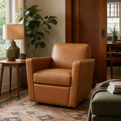 Cooper Swivel Club Chair in Cognac styled in Portland Sellwood cottage living room - Whats New Furniture