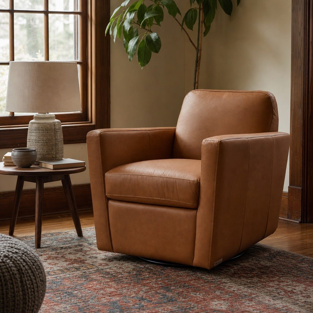 Cooper Swivel Club Chair in Cognac styled in Portland Montavillcottage living room - Whats New Furniture