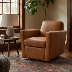 Cooper Swivel Club Chair in Cognac styled in Portland Montavillcottage living room - Whats New Furniture