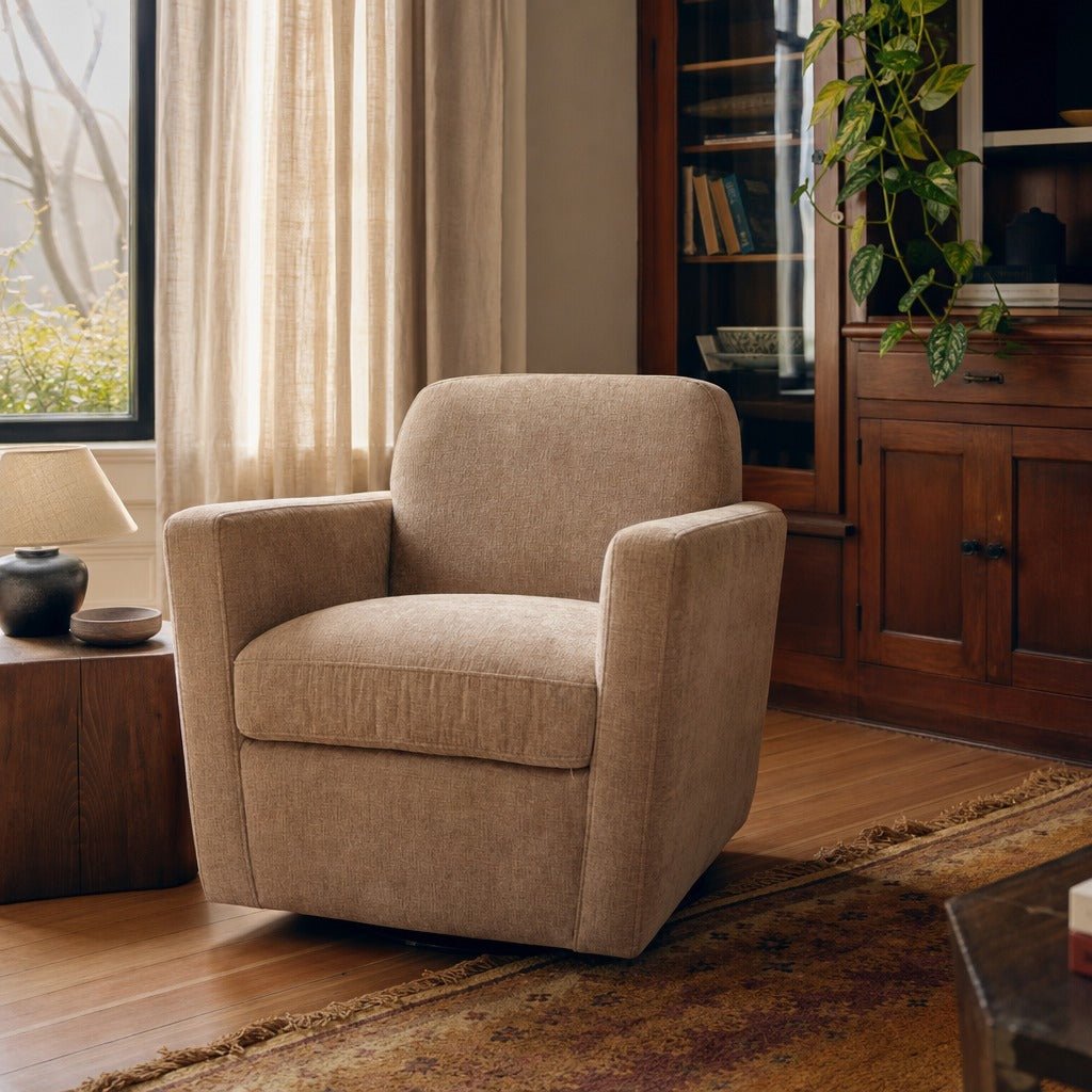 Cooper Swivel Club Chair in Latte Chenille styled in Portland Irvington foursquare with original built-ins living room - Whats New Furniture