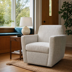 Cooper Swivel Club Chair in Woven Linen styled in Portland Mt. Tabor mid-century daylight ranch living room - Whats New Furniture