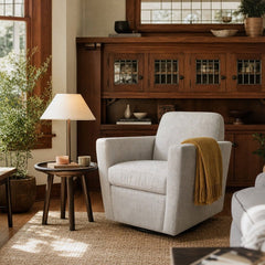 Cooper Swivel Club Chair in Woven Linen styled in Portland Hawthorne Craftsmbungalow living room - Whats New Furniture