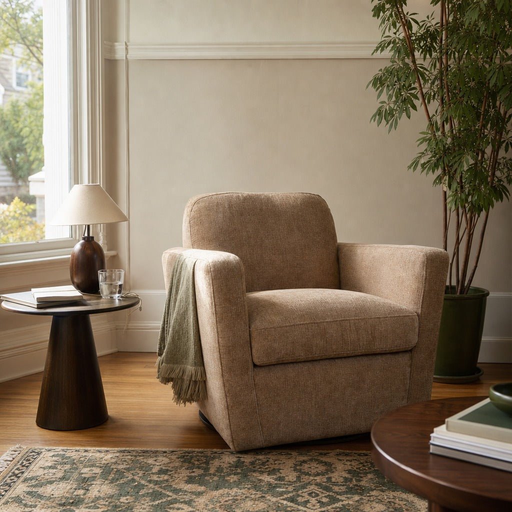 Cooper Swivel Club Chair in Latte Chenille styled in Portland NW 23rd Victoriwith bay window living room - Whats New Furniture