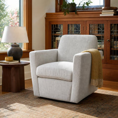 Cooper Swivel Club Chair in Woven Linen styled in Portland Hawthorne Craftsmbungalow living room - Whats New Furniture