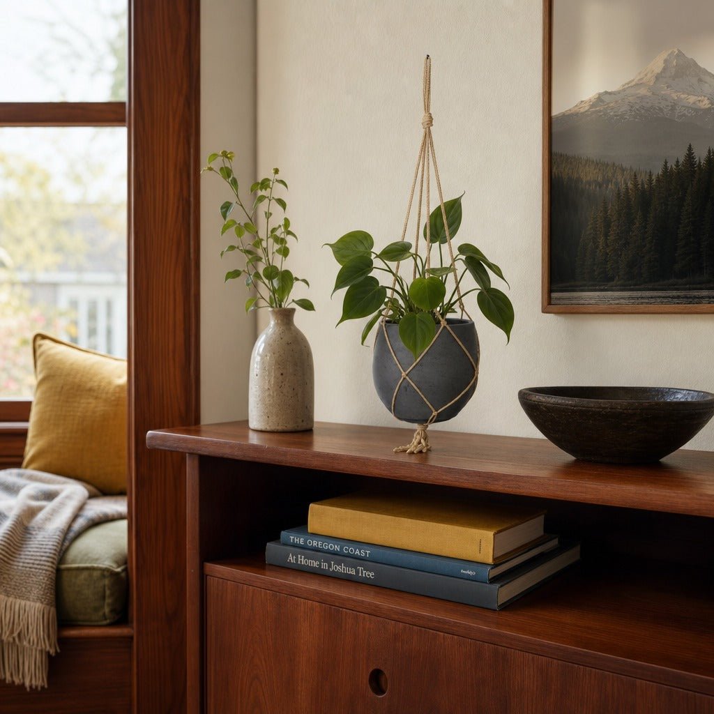 Craft Hanging Pot Small in Charcoal Grey styled in Portland Hawthorne Craftsmbungalow living room - Whats New Furniture
