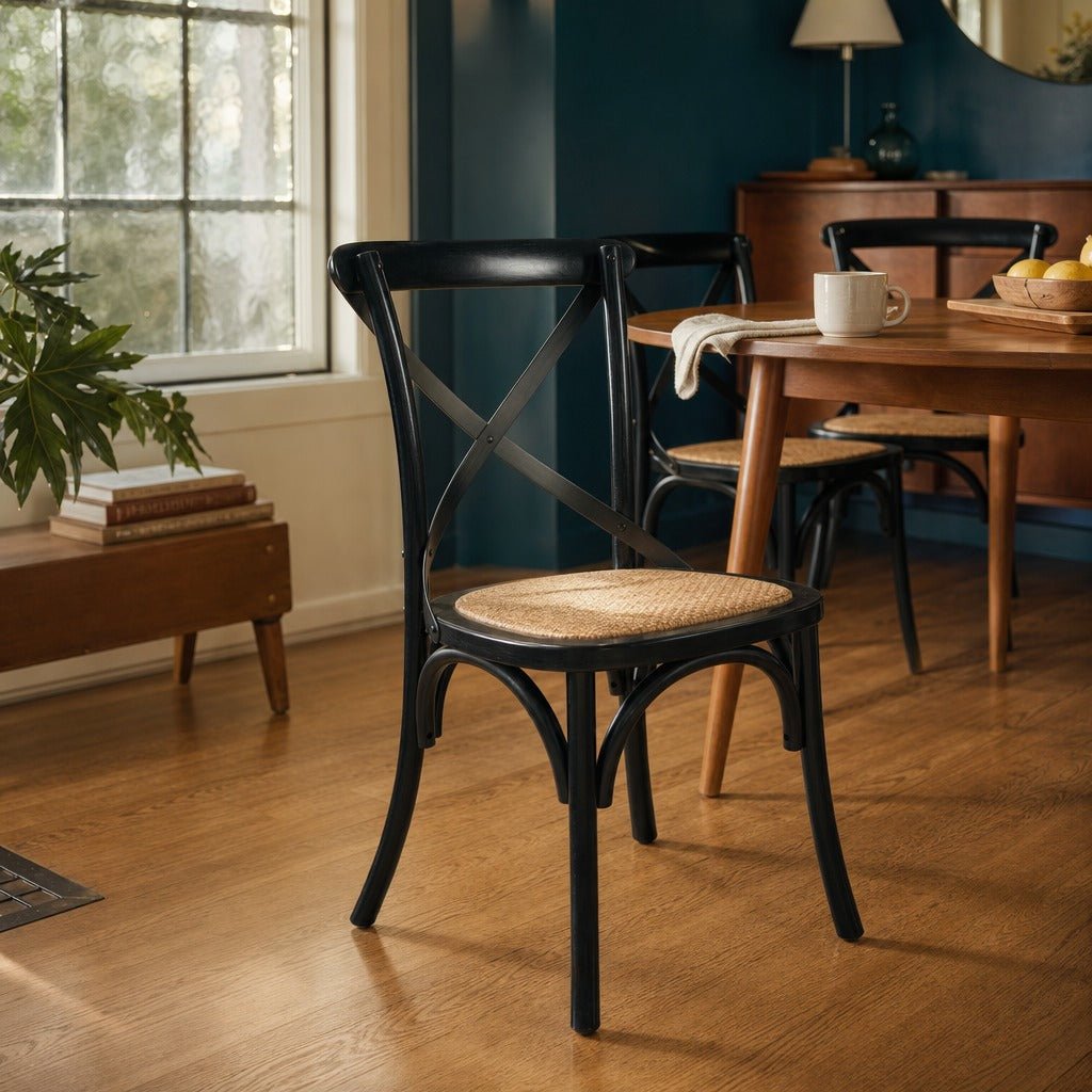 Cross Back Chair with Rattan Seat in Black styled in Portland Mt. Tabor mid-century daylight ranch dining room - Whats New Furniture