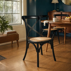 Cross Back Chair with Rattan Seat in Black styled in Portland Mt. Tabor mid-century daylight ranch dining room - Whats New Furniture
