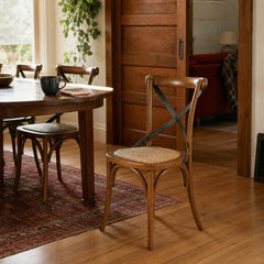 Cross Back Dining Chair in Brown styled in Portland AlbertArts foursquare dining room - Whats New Furniture