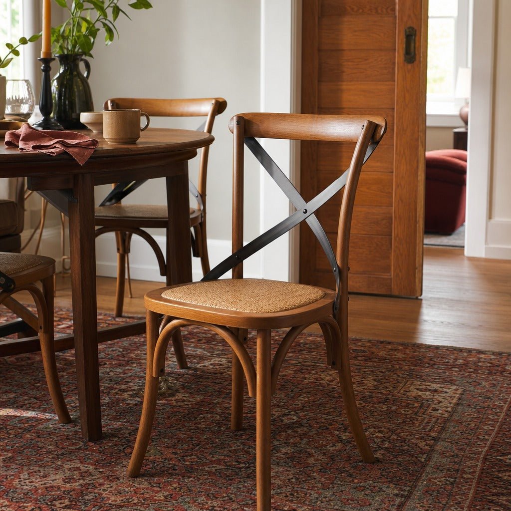 Cross Back Dining Chair in Brown styled in Portland AlbertArts foursquare dining room - Whats New Furniture