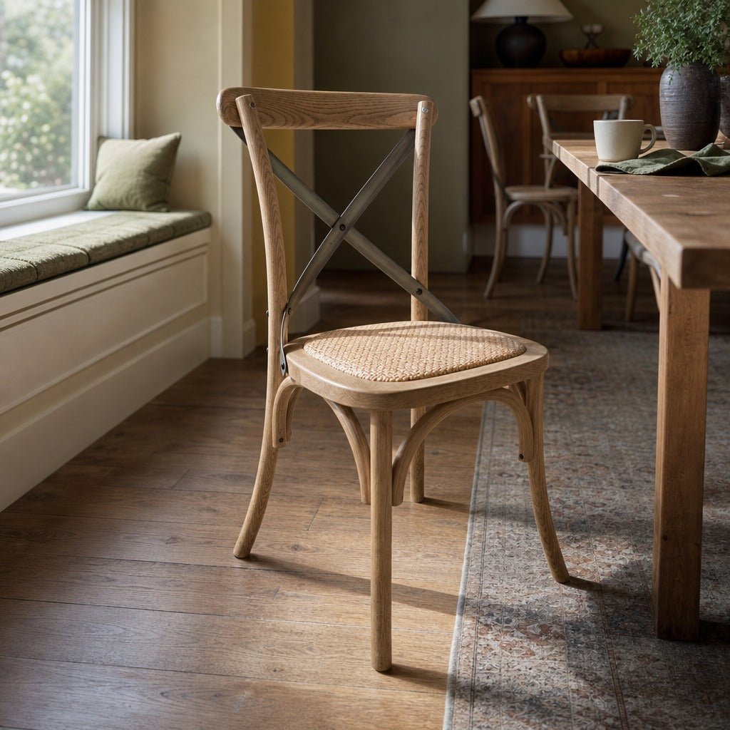 Cross Back Dining Chair in Natural Rustic styled in Portland Sellwood cottage dining room - Whats New Furniture