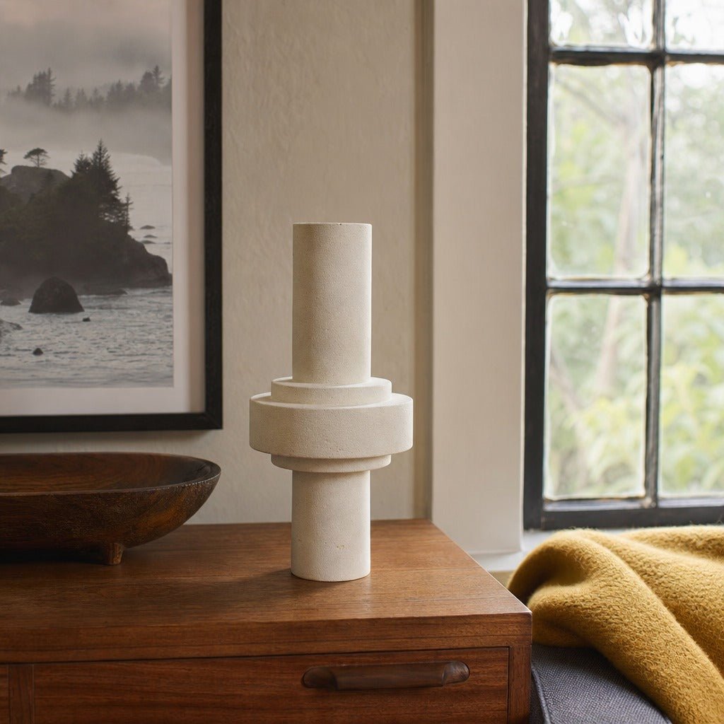 D-Bodhi Cylinder Stone Vase Large styled in Portland St. Johns bungalow living room - Whats New Furniture