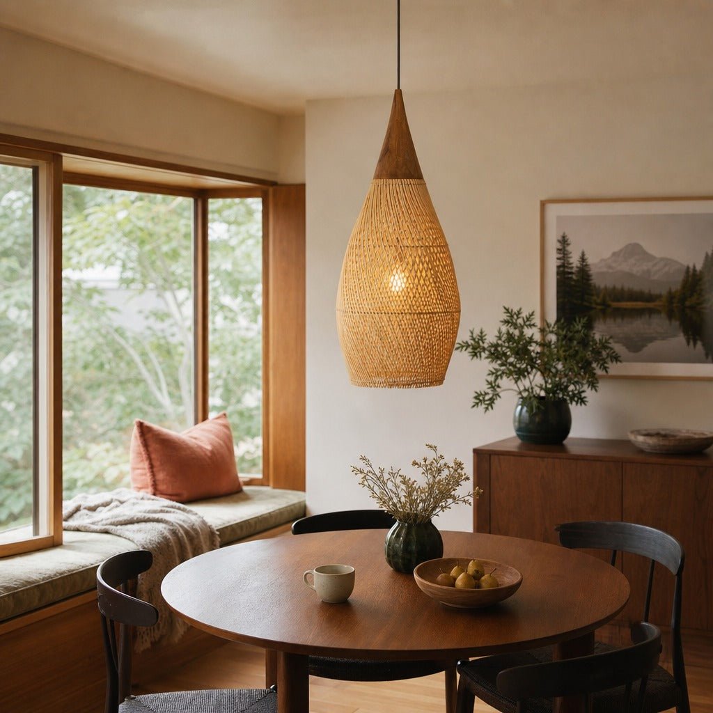 D-Bodhi Horn Pendant Large in Natural styled in Portland 1960s Garden Home ranch dining room - Whats New Furniture