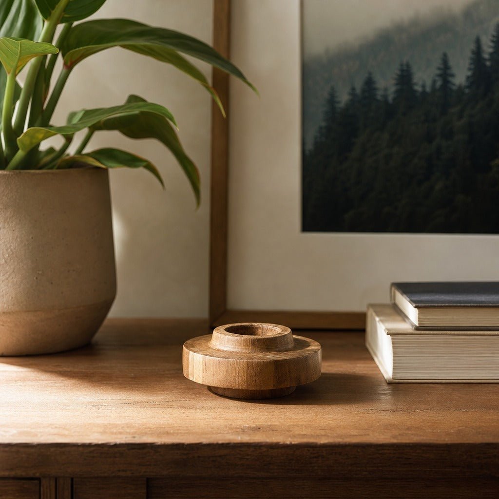 D-Bodhi Ring Candle Holder in Wood Grain styled in Portland Hawthorne Craftsmbungalow living room - Whats New Furniture