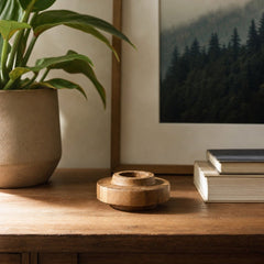 D-Bodhi Ring Candle Holder in Wood Grain styled in Portland Hawthorne Craftsmbungalow living room - Whats New Furniture