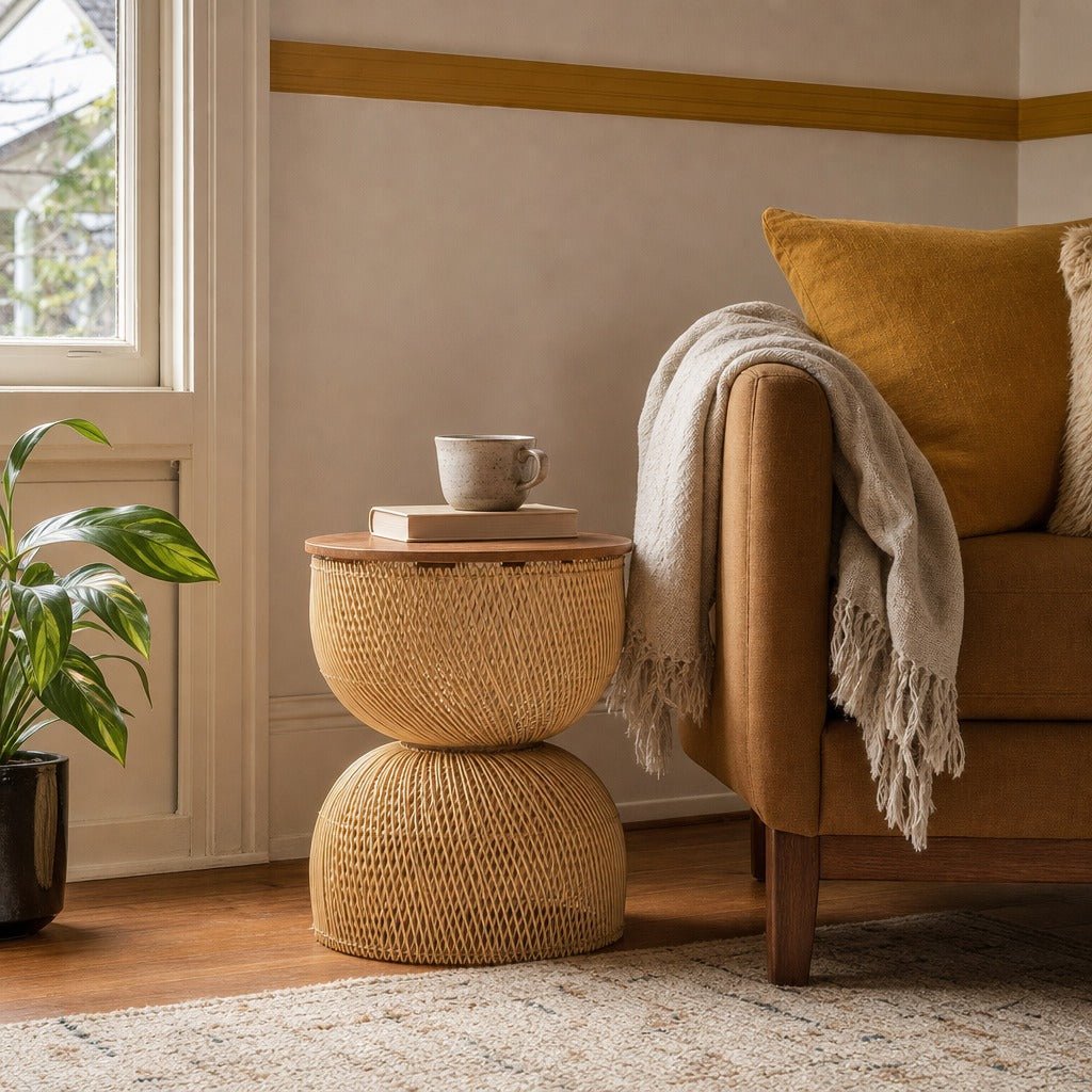 D-Bodhi Wave Side Table in Natural styled in Portland St. Johns bungalow living room - Whats New Furniture