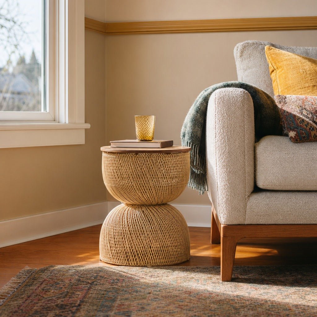 D-Bodhi Wave Side Table in Natural styled in Portland St. Johns bungalow living room - Whats New Furniture