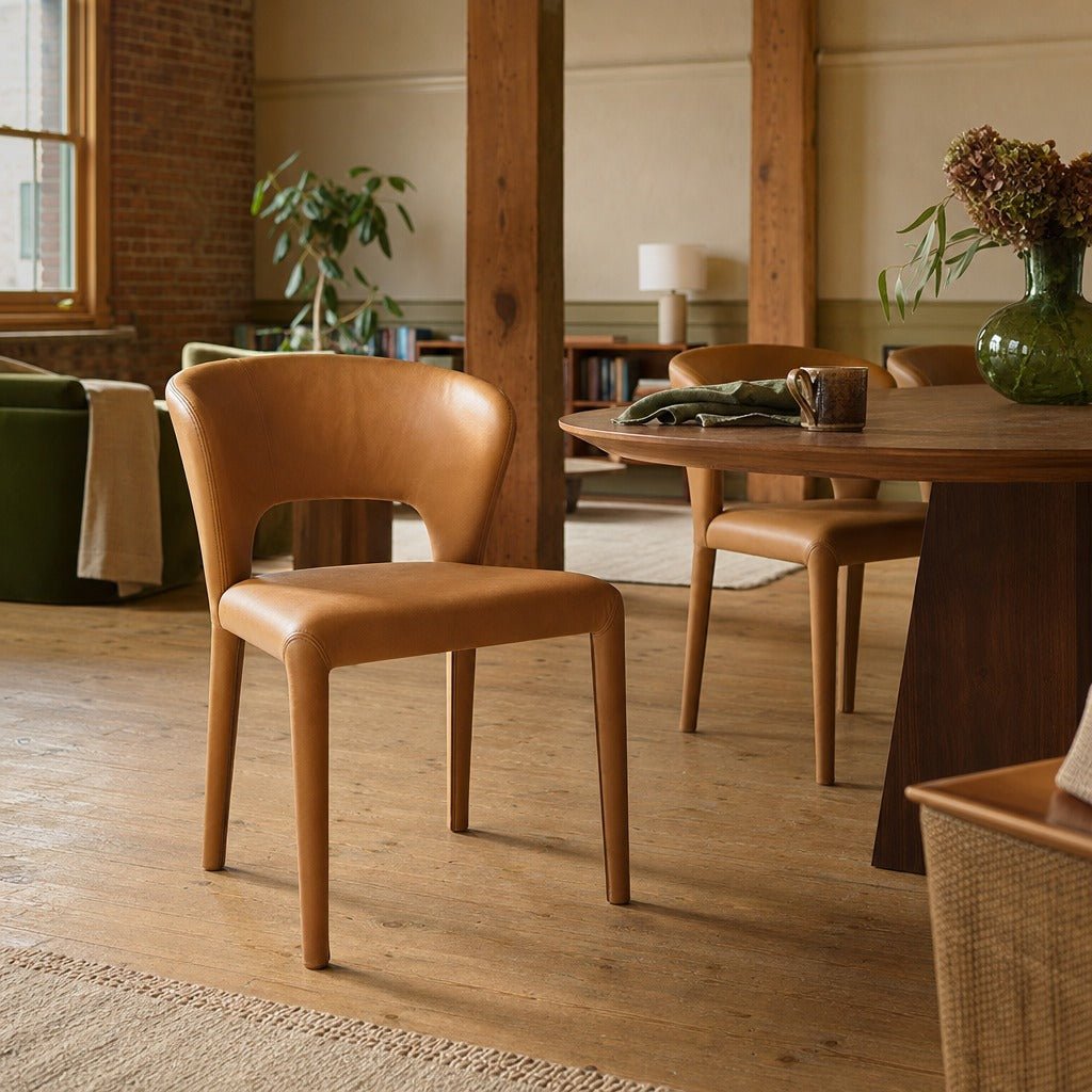 Dakota Dining Chair in Tan styled in Portland converted warehouse flat with warm exposed brick and fir timber beams (no steel, no concrete) dining room - Whats New Furniture
