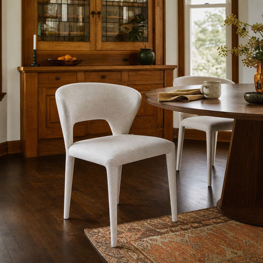 Dakota Dining Chair in Vanilla Tweed styled in Portland St. Johns bungalow dining room - Whats New Furniture