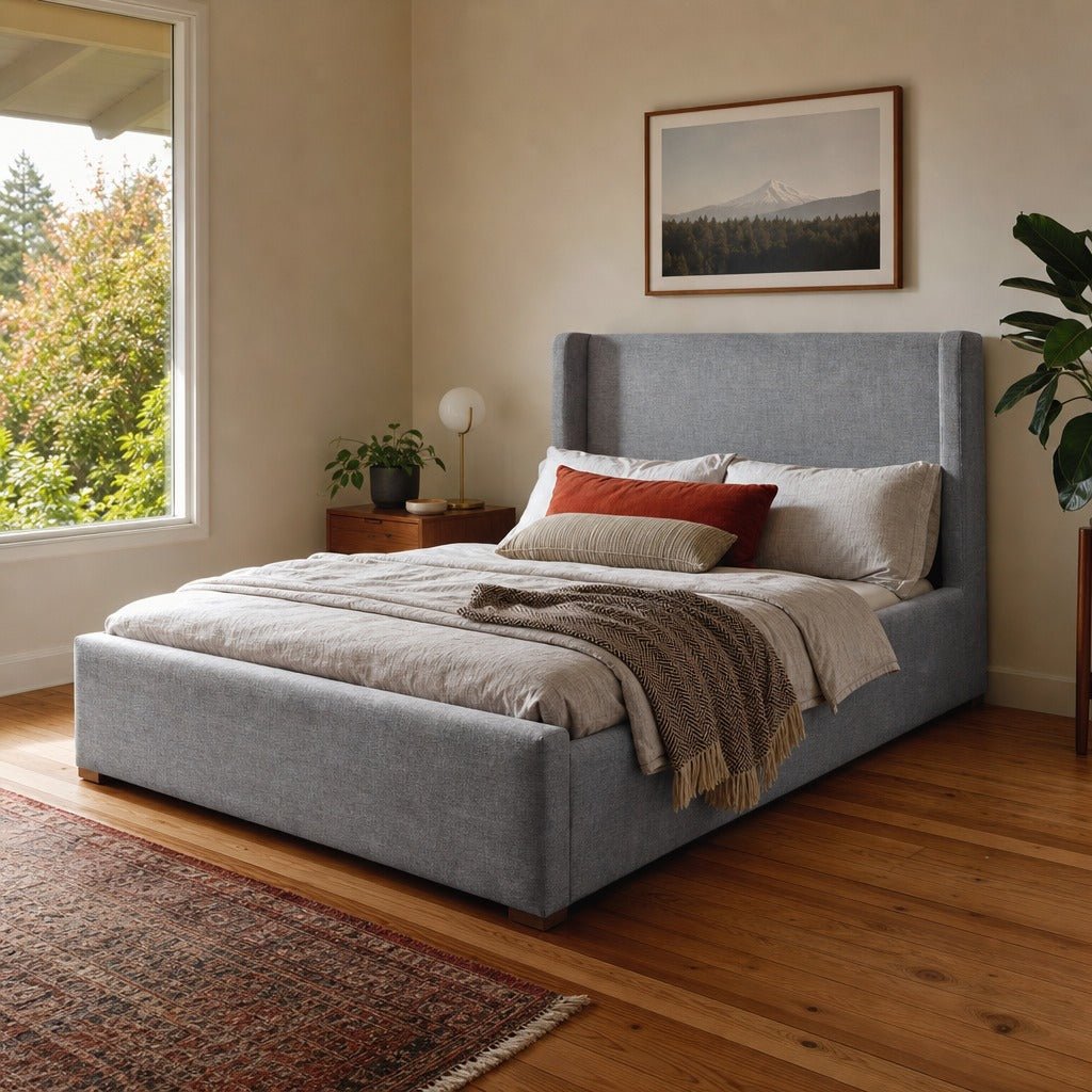 Darcy King Bed styled in Portland Mt. Tabor mid-century daylight ranch bedroom - Whats New Furniture