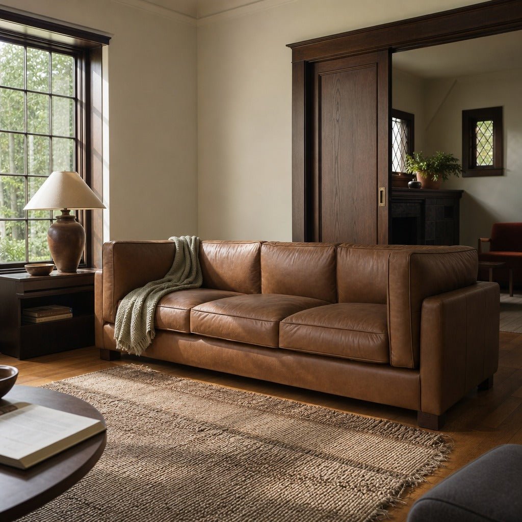 Den Sofa in Antique Sienna styled in Portland Laurelhurst Tudor cottage living room - Whats New Furniture