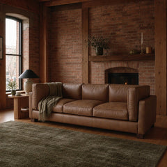 Den Sofa in Antique Sienna styled in Portland converted warehouse flat with warm exposed brick and fir timber beams (no steel, no concrete) living room - Whats New Furniture