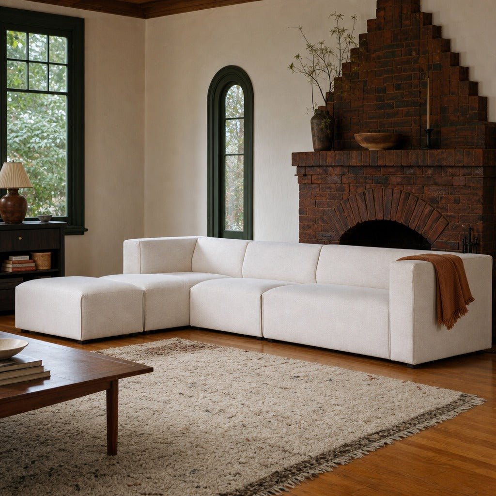 Destiny Left-Facing Modular Sectional with Ottoman styled in Portland Laurelhurst Tudor cottage living room - Whats New Furniture