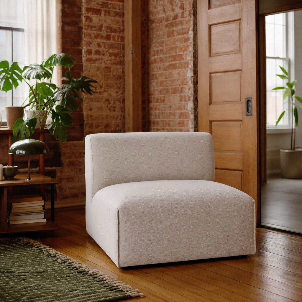 Destiny Modular Armless Chair styled in Portland converted warehouse flat with warm exposed brick and fir timber beams (no steel, no concrete) living room - Whats New Furniture