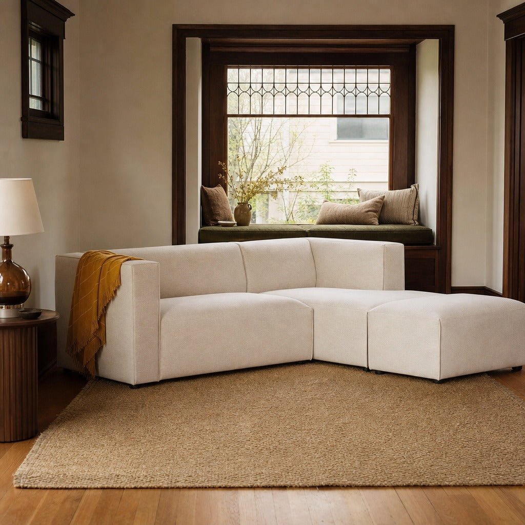 Destiny Premium Small Right-Facing Modular Sectional with Ottoman styled in Portland St. Johns bungalow living room - Whats New Furniture