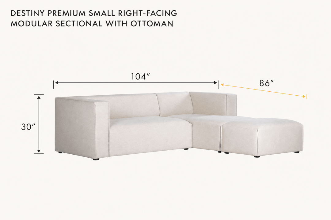 Destiny Premium Small Right-Facing Modular Sectional with Ottoman dimensions - What&