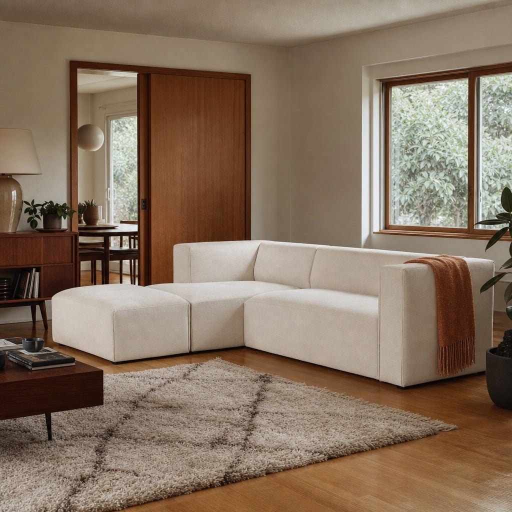 Destiny Small Left-Facing Modular Sectional with Ottoman styled in Portland 1960s Garden Home ranch living room - Whats New Furniture
