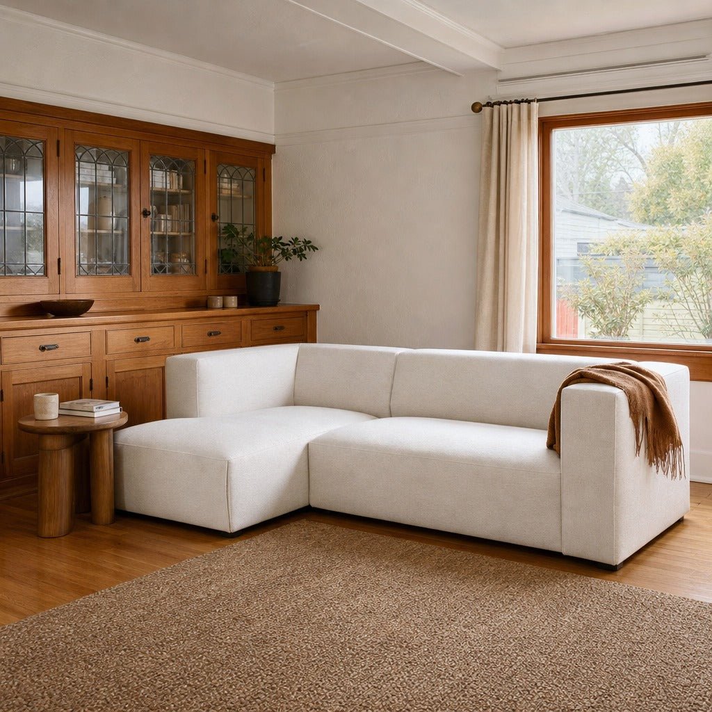 Destiny Small Modular Sectional with Left Chaise styled in Portland Montavillcottage living room - Whats New Furniture