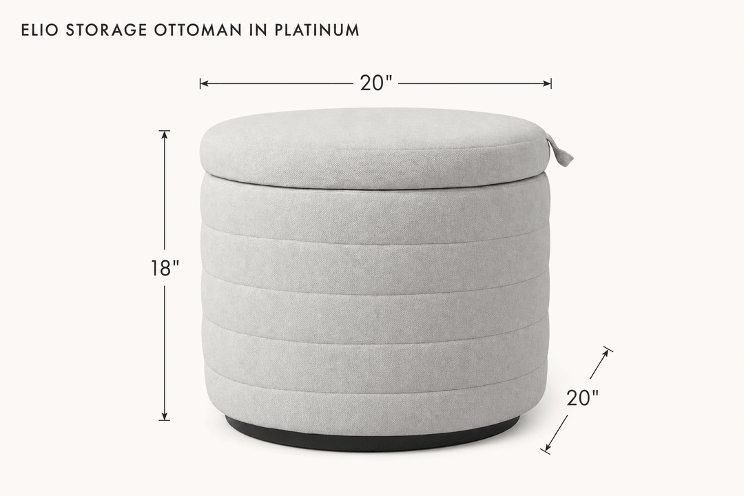 Elio Storage Ottoman in Platinum dimensions - What&